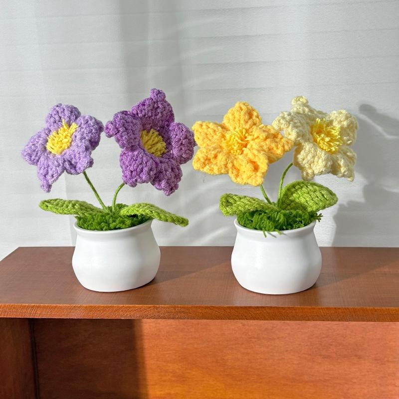 Artificial Flowers Potted Crochet Flower Ornament Desk Accessories Room Decoration Home Decor Holiday Gifts