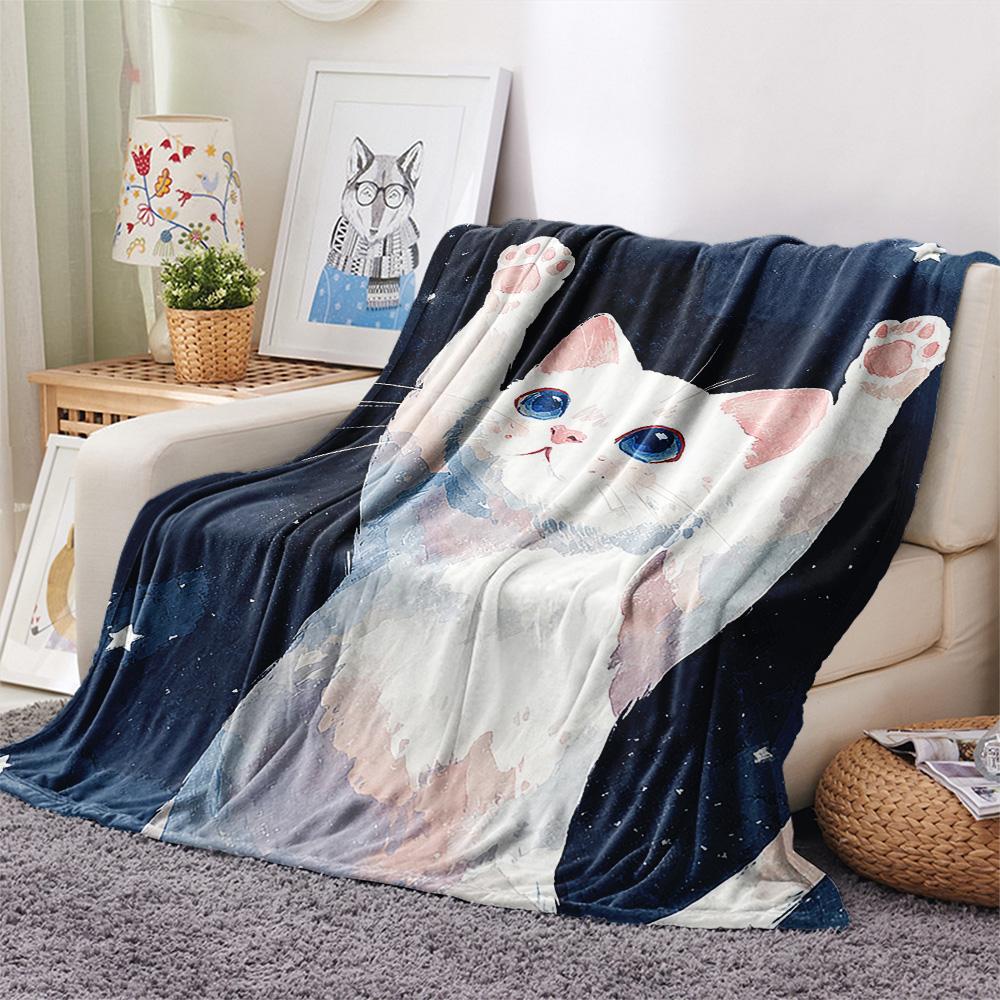 White Cat Print Flannel Blanket, High quality Comfortable for All Seasons, Home Decor, Warmth and Comfort, Perfect for Christmas Gifts