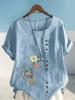 Women's Fashion Flower Print Round Neck Short Sleeve T-shirt Summer Casual Cotton Linen Graphic Shirt Leisure Loose Blouse Tops