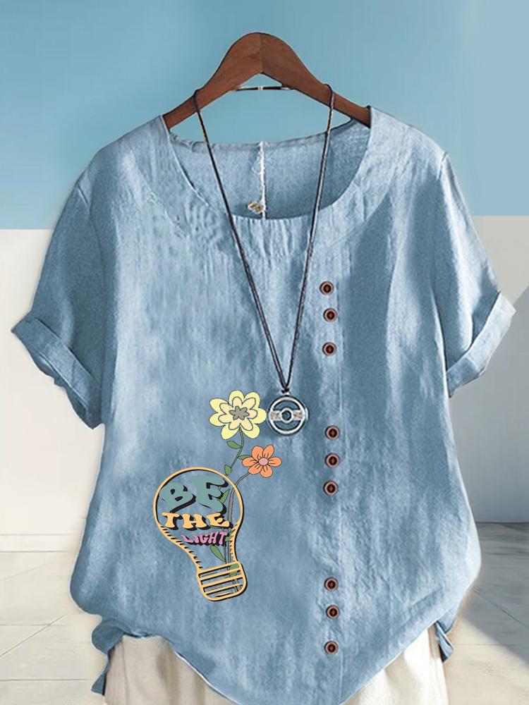 Women's Fashion Flower Print Round Neck Short Sleeve T-shirt Summer Casual Cotton Linen Graphic Shirt Leisure Loose Blouse Tops