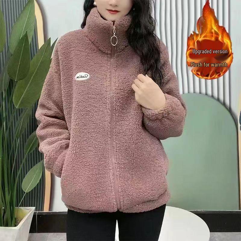 

Плюшевая утолщенная флисовая куртка для женщин среднего и пожилого возраста - Шерсть ягненка, Свободный крой, Воротник-стойка, Однотонная, Повседневный короткий свитшот 3XL (115-130 jin)