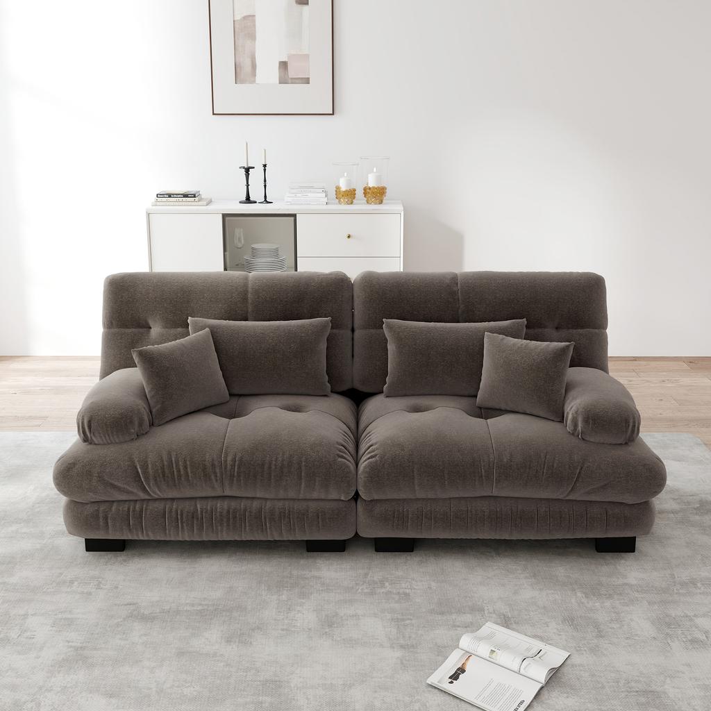 Cloud Corner Sofa for Living Room, Chenille Double Sofa with 2 Lumbar Pillows and 2 Decorative Pillows, Solid Wood Frame, Chenille Brown