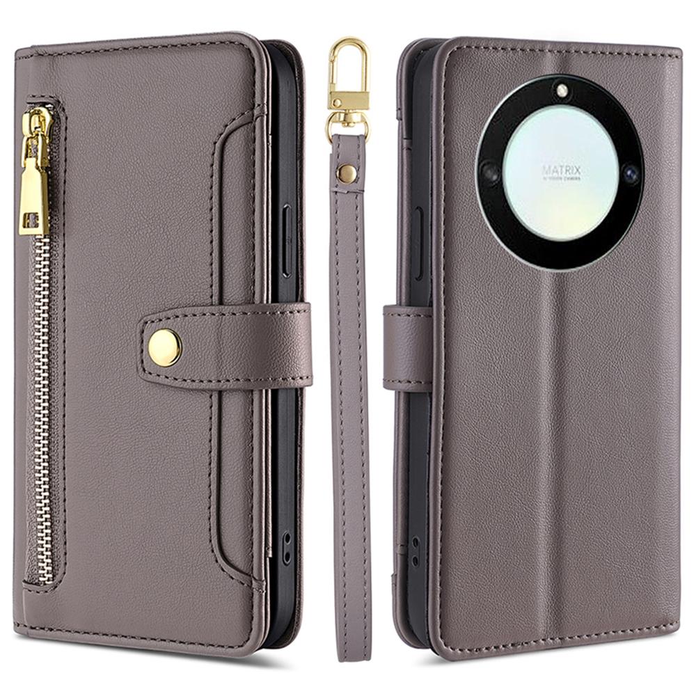 

For Honor X40 5G/X9a 5G/Magic5 Lite 5G Leather Wallet Cover Zipper Pocket Phone Stand Case with 2 Straps Grey