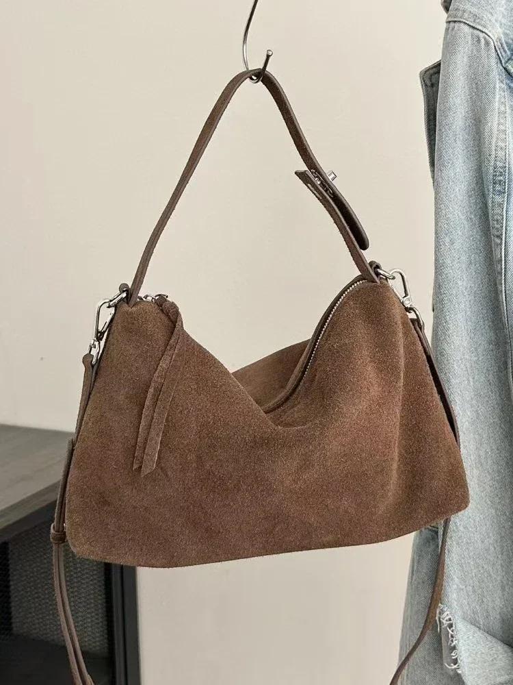 Women's Soft Matte Suede Leather Handbag Lady Cowhide Shoulder Crossbody Bag Simple Cow Leather Colleti Grey Brown Tote Bags