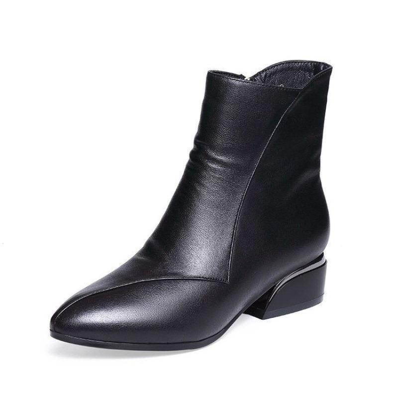 Soft leather short boots women's autumn and winter new fashion Martin boots pointed low heel single boots velvet cotton boots