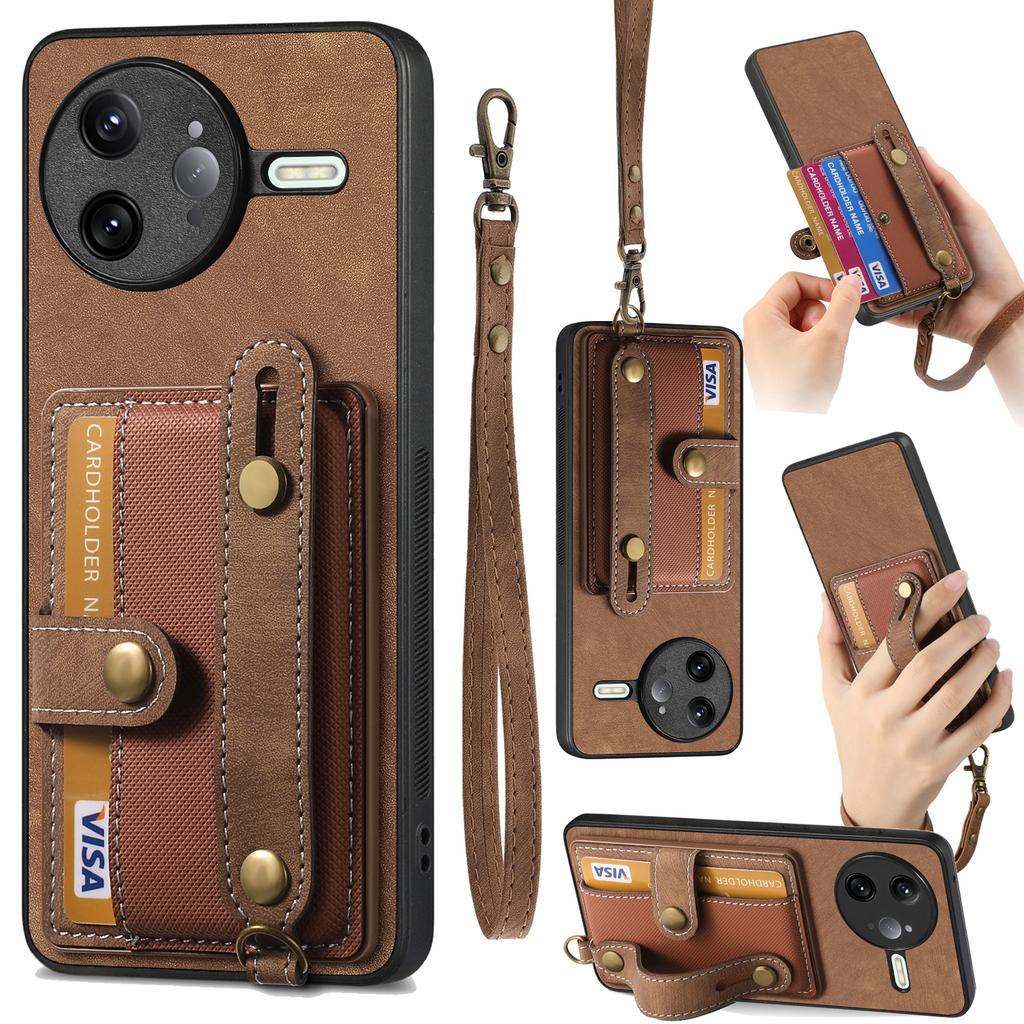 For Xiaomi Poco F7 Ultra 5G/Xiaomi Redmi K80 Pro 5G Retro PU Leather Back Cover with Card Holder and Wristband Kickstand