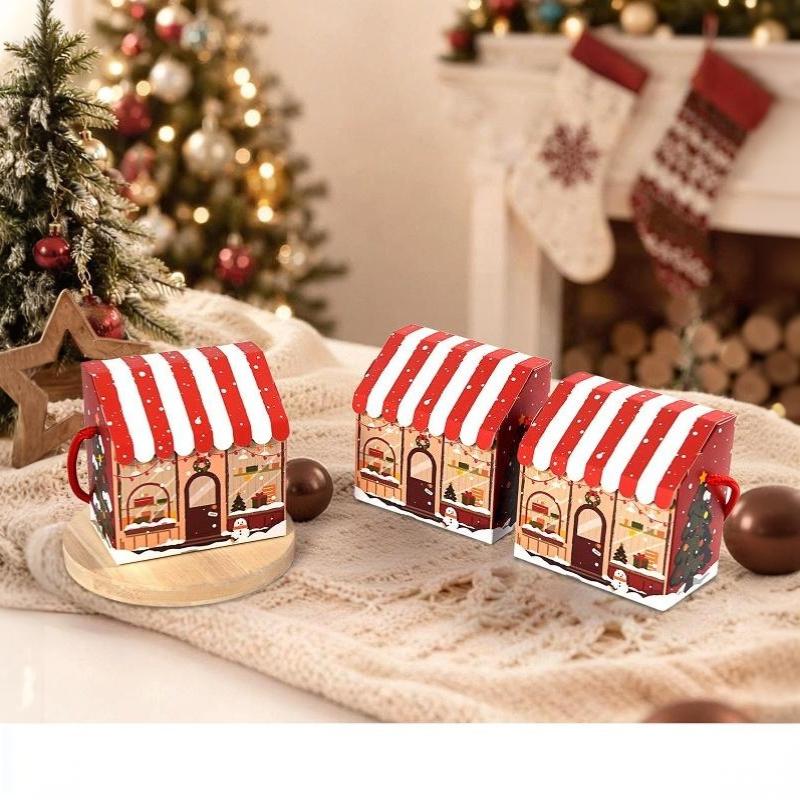 10Pcs Christmas Handle Paper Candy Boxes House Pattern Cute Xmas Snack Treat Holders for Kids Party Favor Gift Packaging