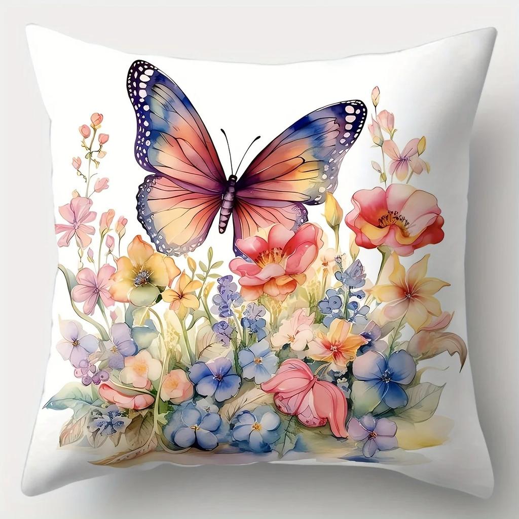 Home Decor Colorful Butterflies With Floral Watercolor Design Pattern Cushion Cover Suitable For Sofa Bedroom Car Pillow Cover