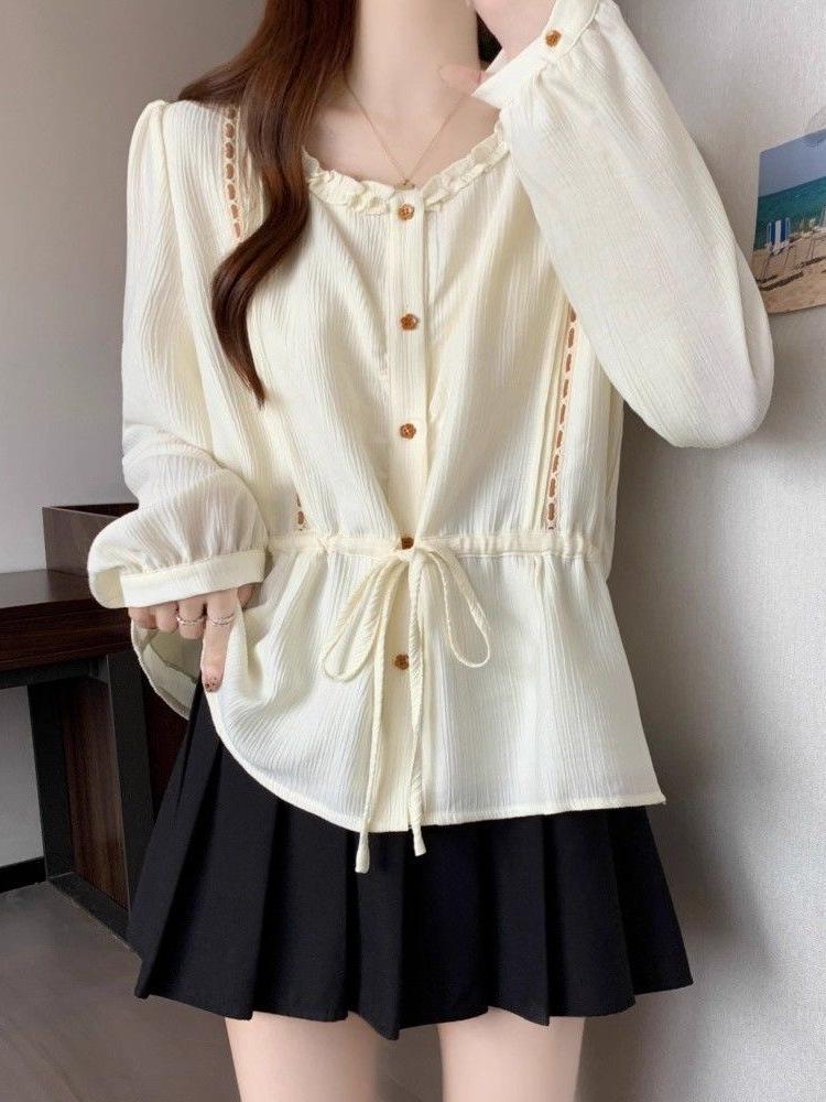 Autumn Collection Plus Size Ruffled Round Neck Long Sleeve French Tie-Up T-Shirt - Slimming Design 2026