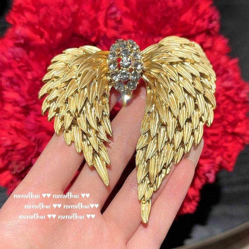 Cercei Fengyi Mii de Aripi cu Pene și Piatră Prețioasă, Placare Vintage Aur 18K, Combinație Broșă Aripi de Pană Gravată