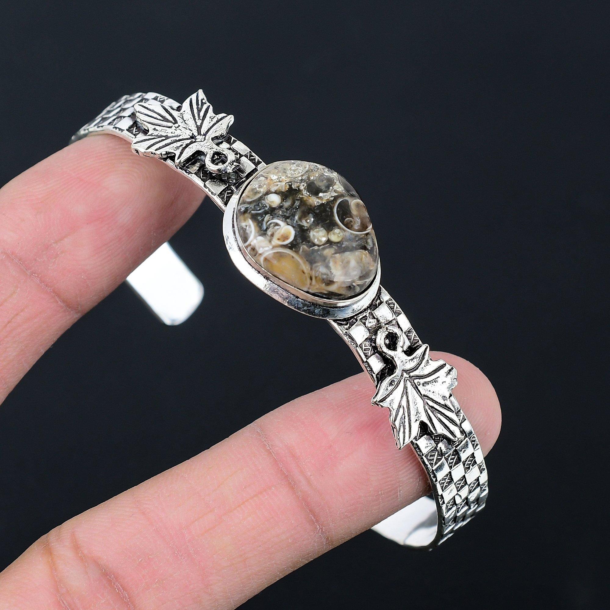 

925 Sterling Silver Pear Natural Turritella Agate Wife Boho Leaf Elegant Bangle Adjustable