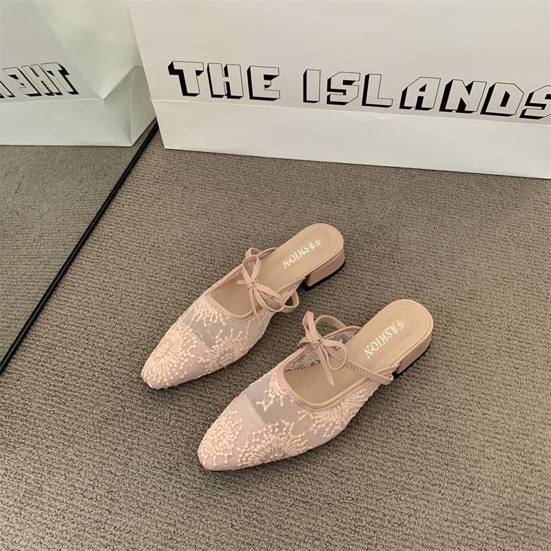 Lace square head bow high heels women's outer wear bag head half slippers niche light mouth cool slippers