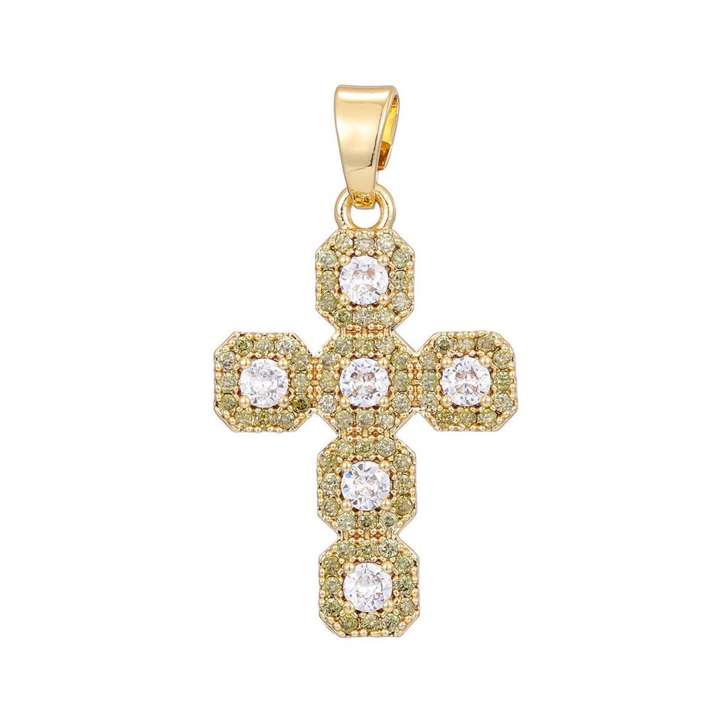 Gold-Plated Multi-Color Zirconia Cross Necklace with Full Diamond Design