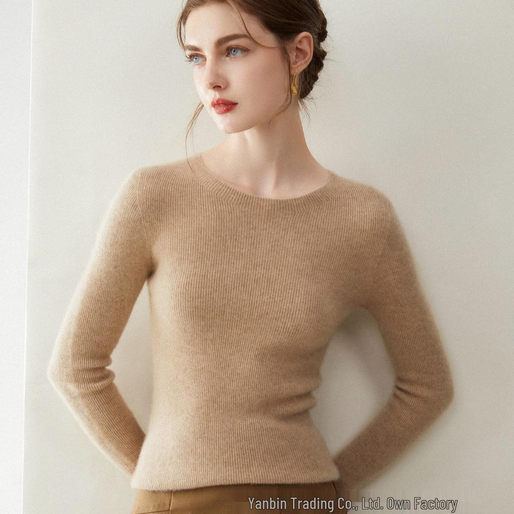 Women's Slim Fit Pure Cashmere Ribbed Sweater - Flattering Versatile Warm Round Neck Knitwear with Long Sleeves
