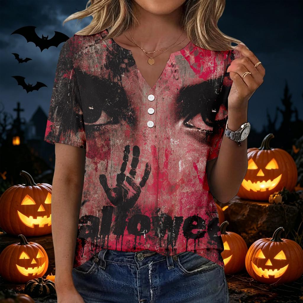 Women's Casual Halloween Printed V-Neck Short Sleeve Button Front T-Shirt