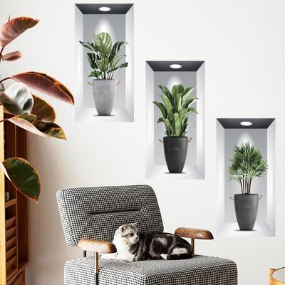 3Pcs Wand Aufkleber 3D Stereo Kreative Grün Topf Gefälschte Fenster Wand Aufkleber Wohnzimmer Wand Poster Hause Versorgung
