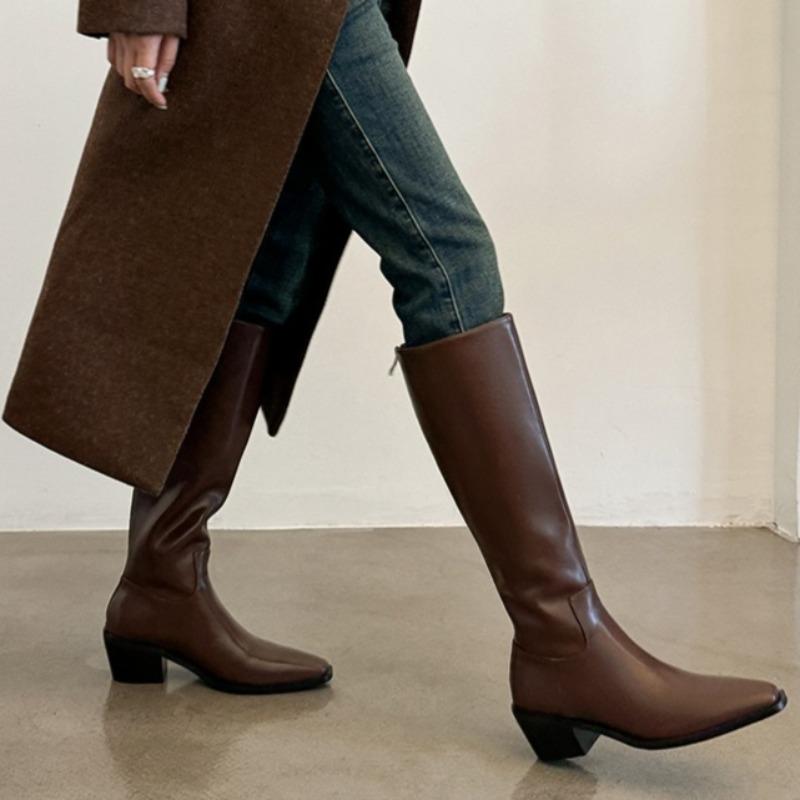 Bottes hautes en cuir à bout carré, semelle souple, fermeture éclair arrière, antidérapantes, résistantes à l'usure, à talon bloc pour femmes