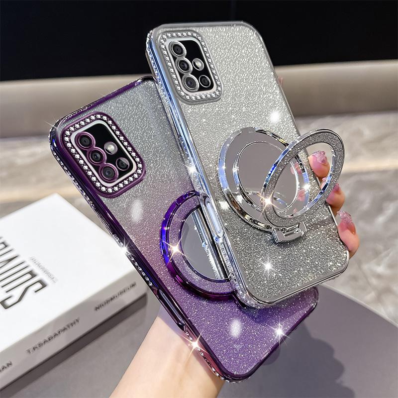 KEYSION Luxury Glitter Jewelled Magnetic Phone Case for Samsung Galaxy A51 4G Makeup Mirror Ring Stand Shockproof Back Cover