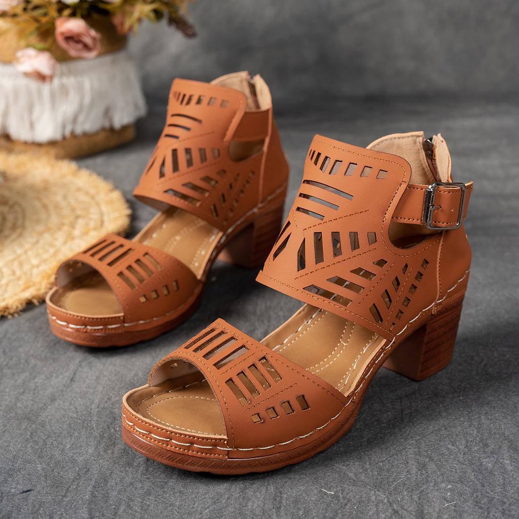 Women's Western Style Cutout Sandals, Chunky Heel Dressy Evening Shoes, Breathable Open-Toe Heels Wide Width Available