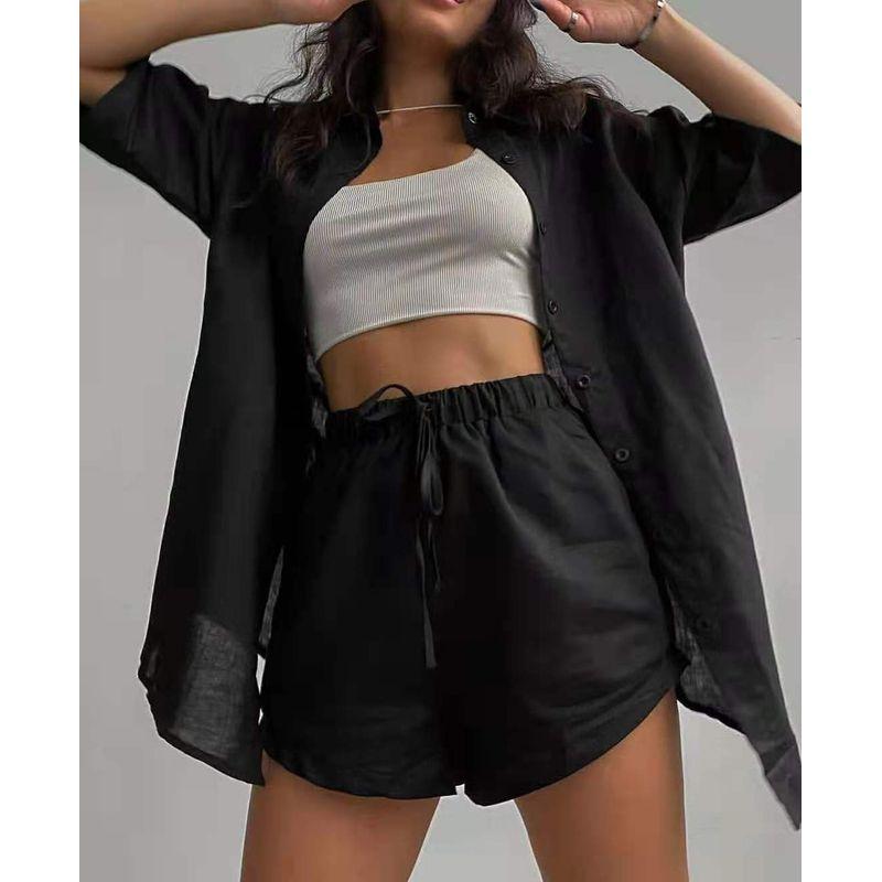 

Новая однобортная рубашка с короткими рукавами + костюм из свободных шорт Black L