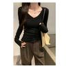 Women's Solid Color V-Neck Long-Sleeve Slim Fit Shirt, Autumn/Winter Base Layer or Outerwear, Regular Shoulder.
