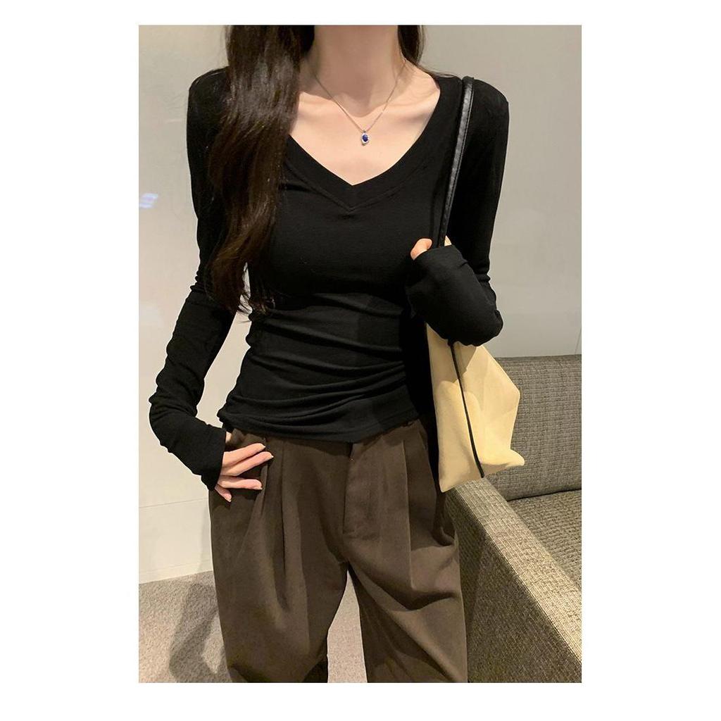 Women's Solid Color V-Neck Long-Sleeve Slim Fit Shirt, Autumn/Winter Base Layer or Outerwear, Regular Shoulder.