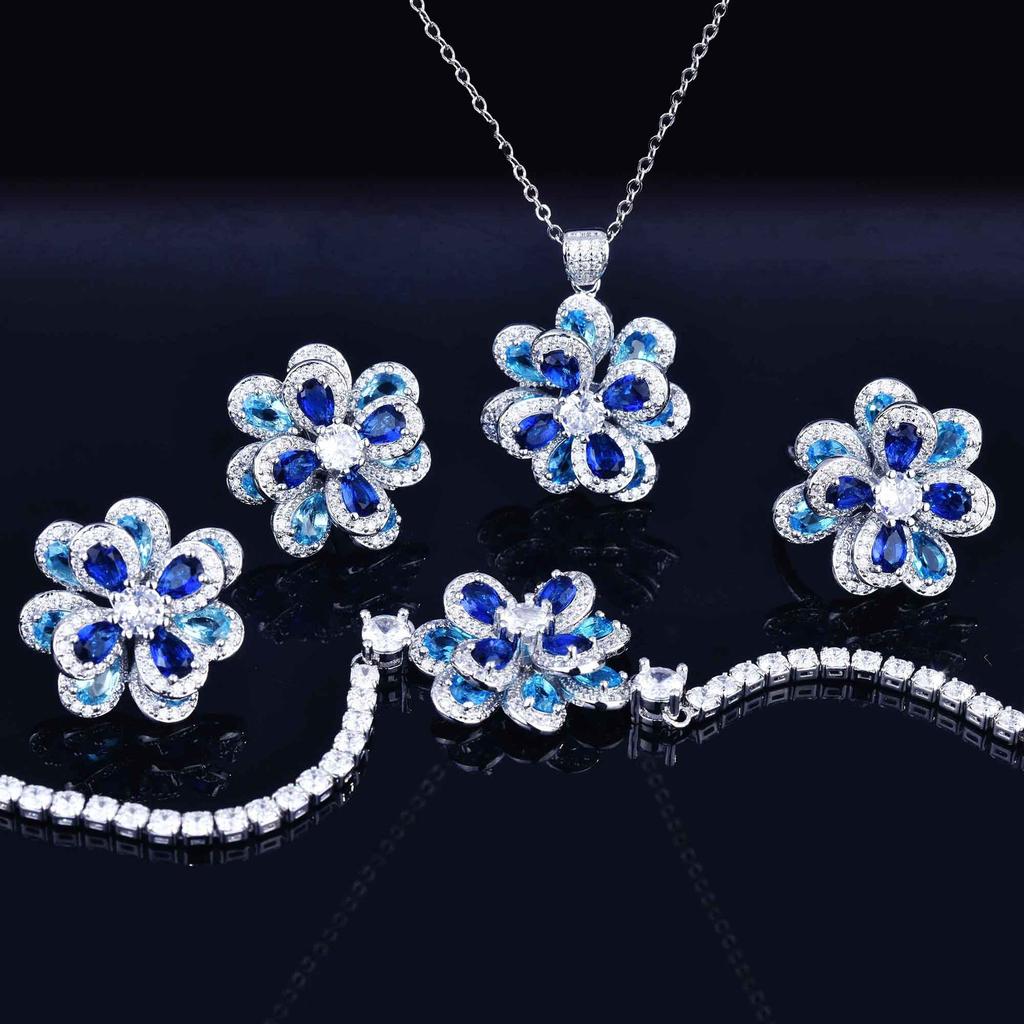 Temperament Color Zircon Flower Set, Stud Earrings, Simple Three-Dimensional Camellia Pendant, Open Ring.