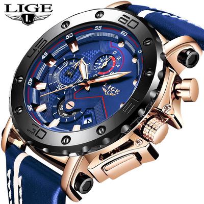 2020 New LIGE Mens Watches Top Brand Luxury Big Dial Military Quartz Watch Casual Leather Waterproof Sport Chronograph Watch Men
