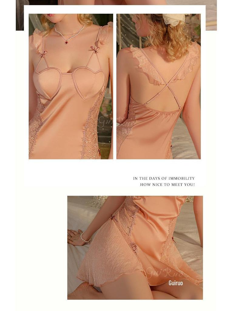 Elegantes Satinspitzen Durchsichtiges Gepolstertes Kurzarm-Cami-Nachthemd & Morgenmantel-Set für Damen