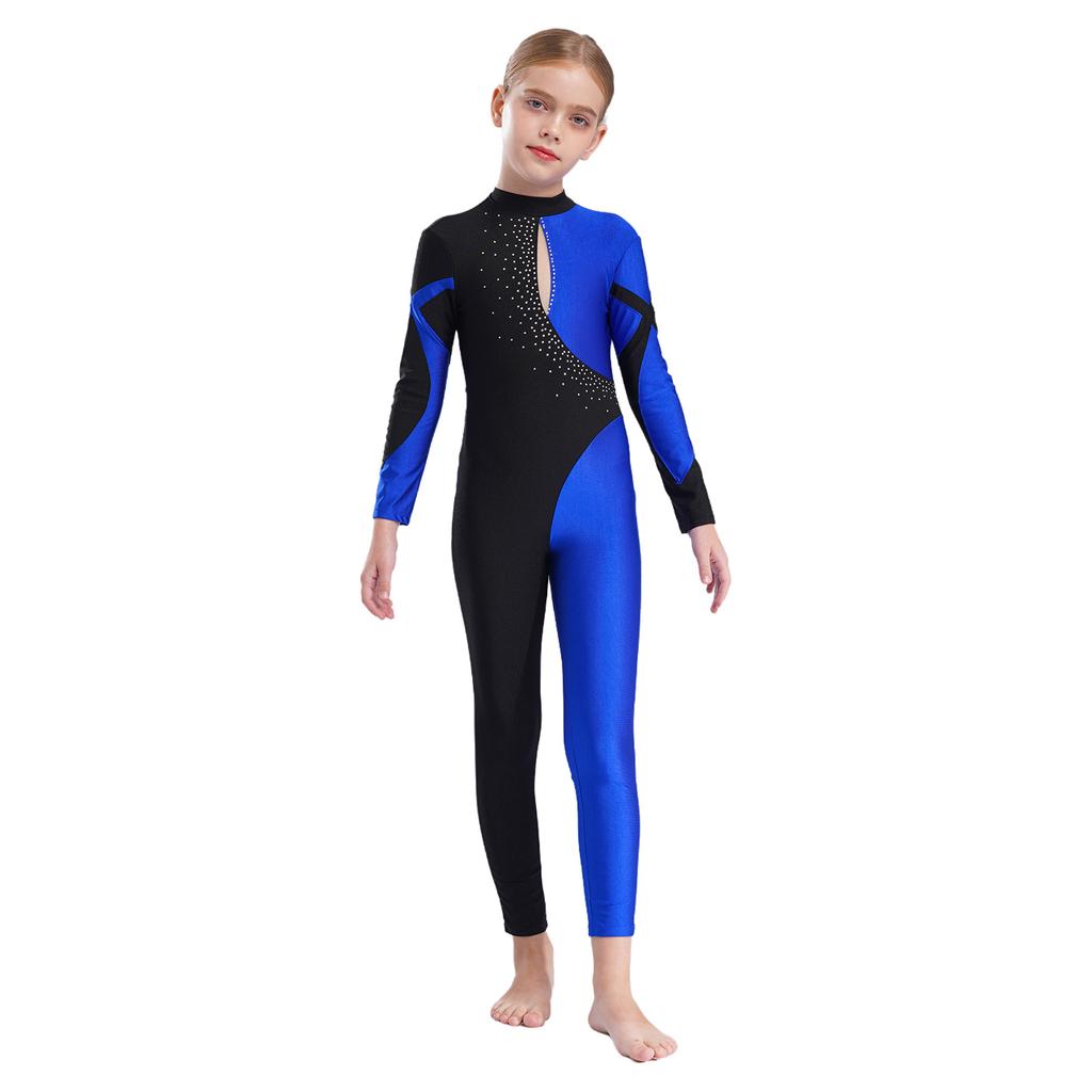 Jenter Elegant Danse Jumpsuit Langermet Ståkrage Skinnende Rhinestone Dekorert Kontrastfarge Hul Rygg Design