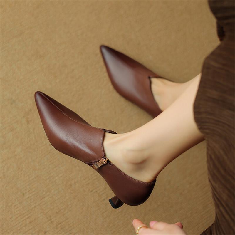 Fashion New Spring Genuine Leather Women Shoes French Retro Pointed Toe Women Pumps Side Zipper Loafers Shoes for Women Ladies Shoes