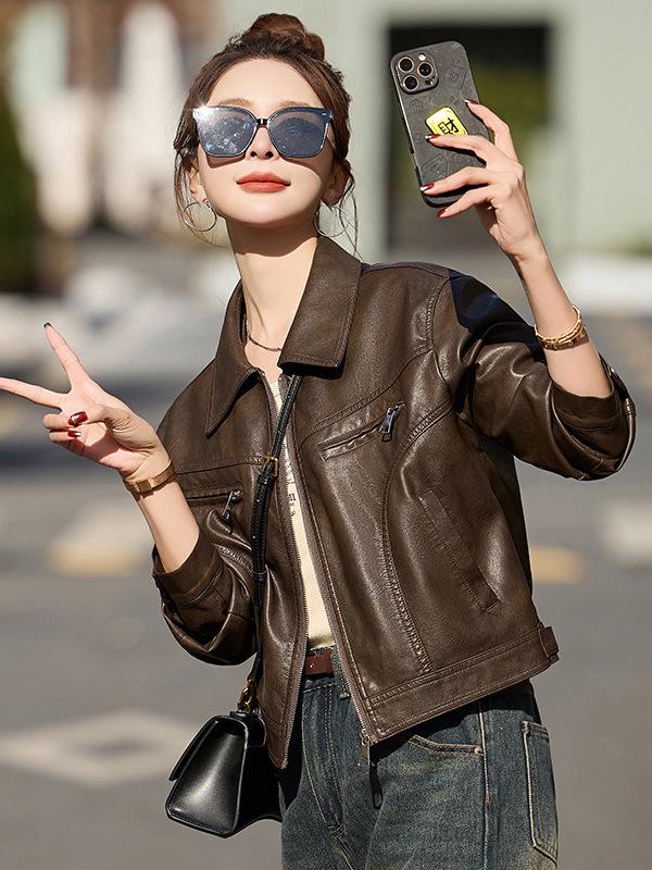 Women's Slim Fit Sheepskin Leather Jacket - Spring/Autumn 2025 Korean Style Petite Short Coat