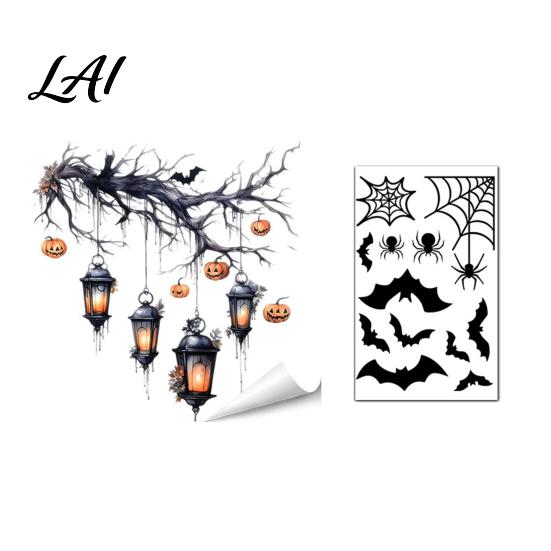 Funny Cat Bat Decals Halloween Static Cling Window Stickers Cute Ghost Pumpkin Glass Holiday Party Decorations Decals Removable Adhesive-Free