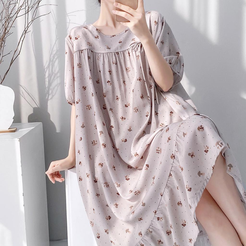 Retro polka dot cotton and silk nightdress women's summer loose large size literary and artistic fan medium and long loungewear can be worn outside