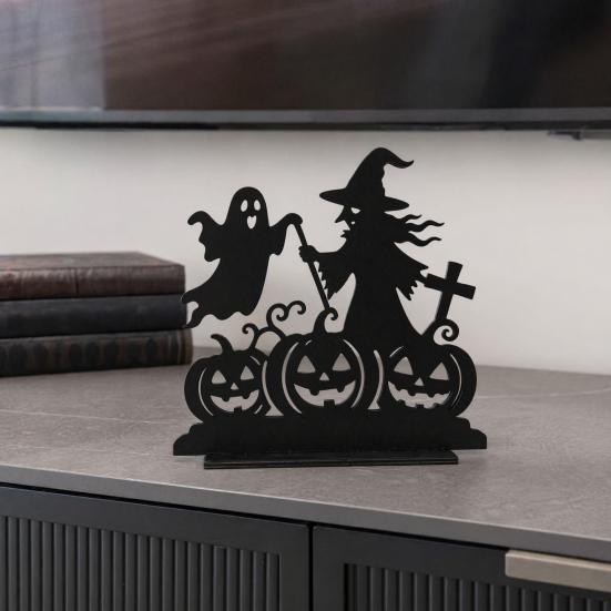 DYS Witch Wooden Table Centerpiece, Spooky Castle Black Cat Standing Tabletop Ornament for Halloween Party, Desk Tiered Tray Decor