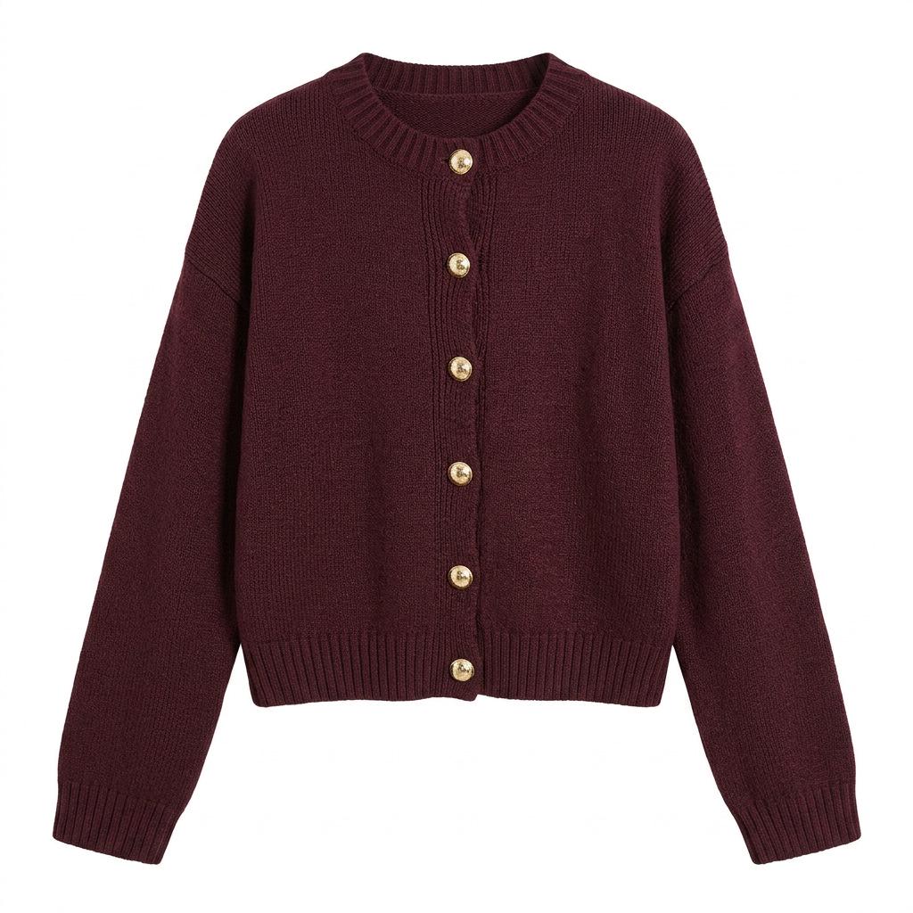 Women's Autumn & Winter Loose Knit Cardigan with Gold Buttons - Long Sleeve, Round Neck, Solid Color Sweater Coat