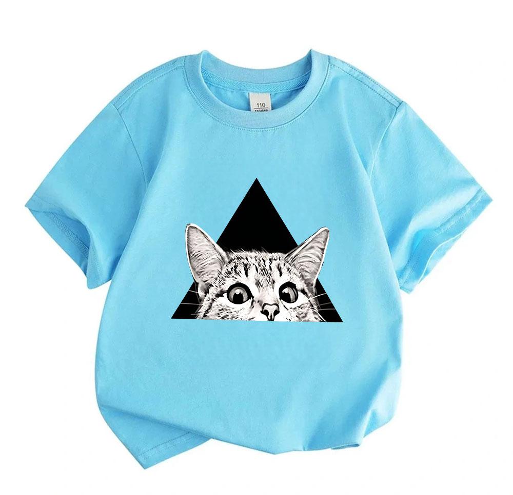 Kids Boys Girls 100% Cotton Crew Neck Short Sleeve T-Shirt, Cute Surprise Peeking Cat Geometric Black Triangle Pattern Casual Breathable Summer Tee fo