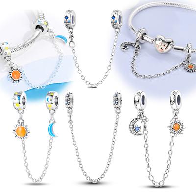 Plated 925 Silver Sun Moon Star Openwork Safety Chain Charms Fit 925 Charms Bracelet Beads Jewelry Gifts for Women