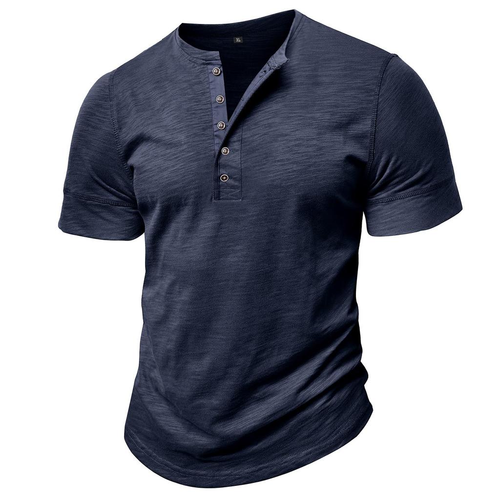 Men’s T-shirts Henley Collar Short Sleeves Cotton Polo Shirts Solid Color Casual Tops