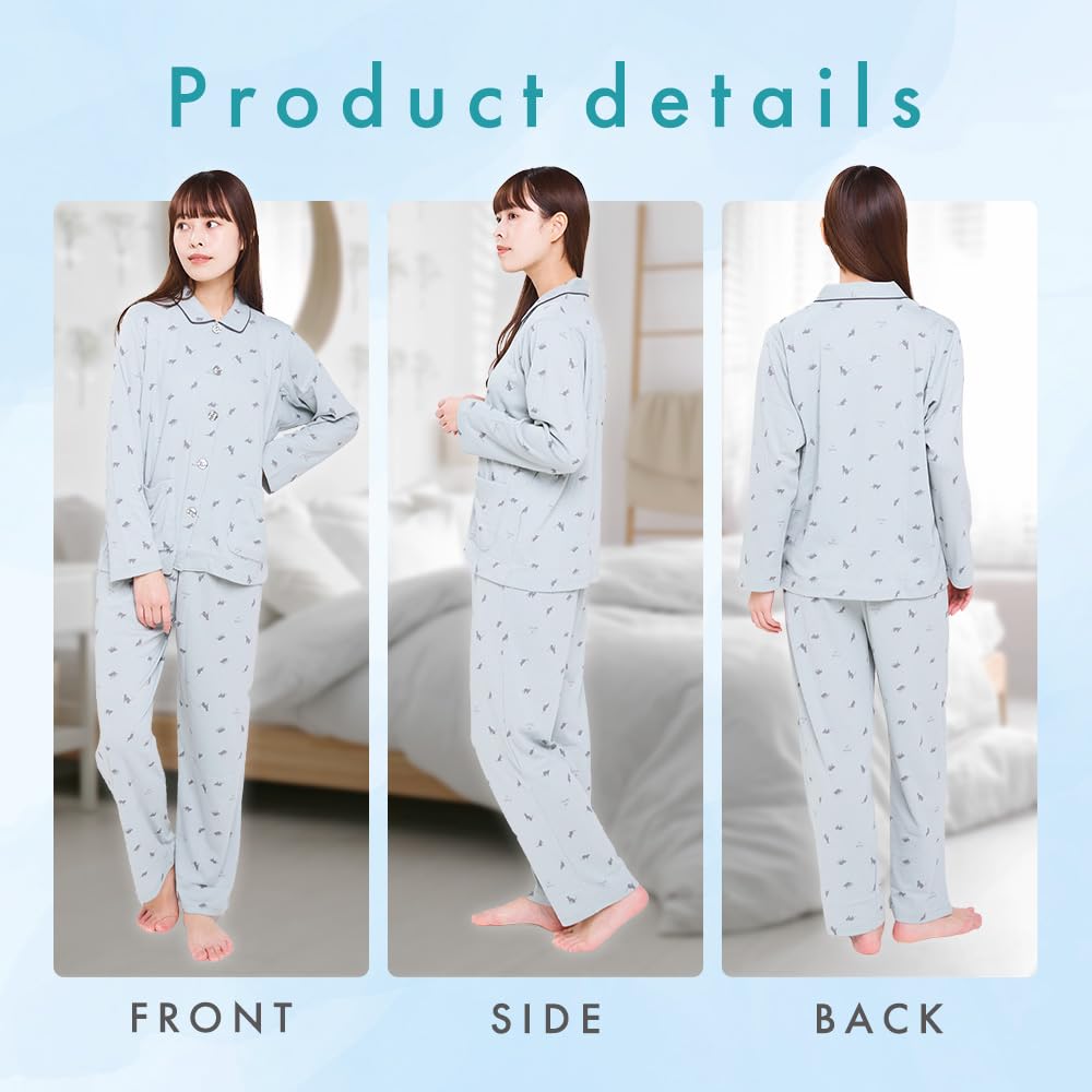 Beisia Pajama Long Sleeve and Loose Solid Navy Women's Set, Pants, Fit, Lightweight, Breathable, Comfortable, Simple,