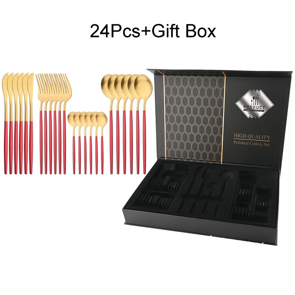 24-teiliges Luxus-Geschirrset aus schwarzem Gold, Messer, Gabel, Löffel, Besteckset mit Geschenkbox, Edelstahl-Geschirrset, Küchenbesteck, spülmaschinenfest