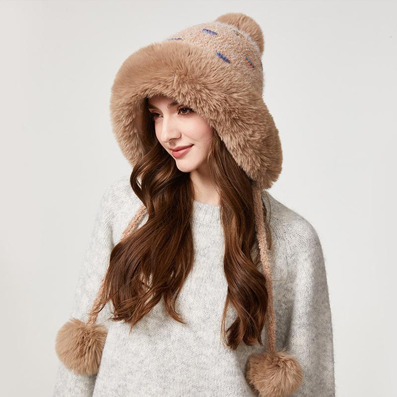 Knitted Hat Women's Thick Wool Collar Wool Hat Plush Three-Ball Warm Hat