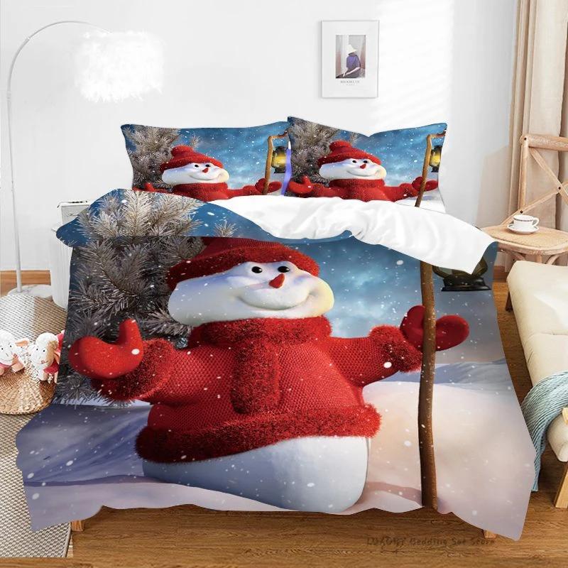 3Pc Duvet Cover Christmas Series Snowman Red Hat Gift Print Festive Bedding Set for Kids and Adults Single Double Queen 220x240