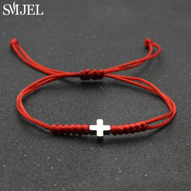 Vintage Tiny Cross Charm Handmade Adjustable Braided Bracelet for Women Lucky Black Red Rope Chain Bracelets New Year Gifts