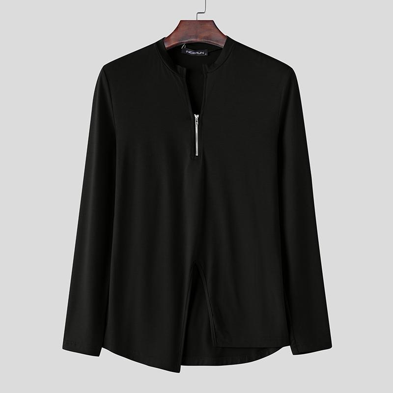 

INCERUN Men s Zipper Neck Long Sleeve Splits Irregular T-shirts Tops S чёрный