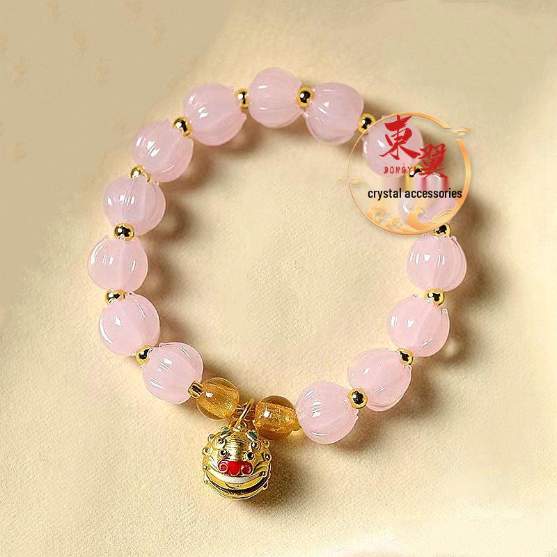 Pink Lily Glass Wind Chime  Waking Lion Porcelain Bracelet with Gold Foil: Auspicious Wishes Incense Ash Happiness Bracelet.