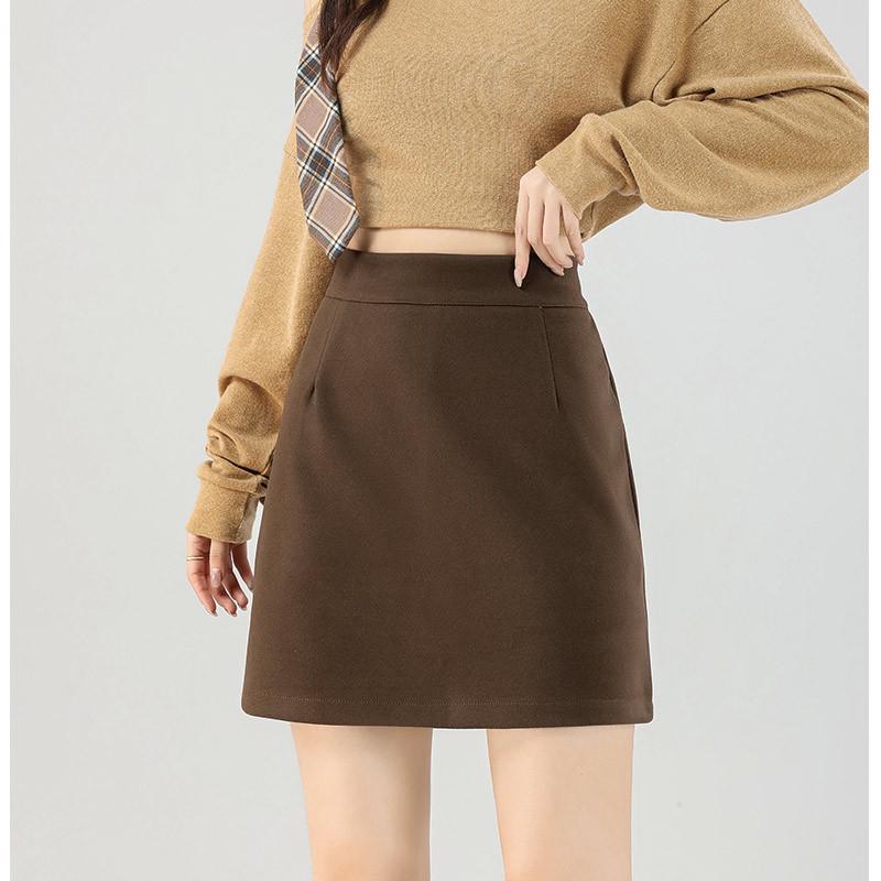 Grauer Halb-A-Linien-Rock aus Wollmischung: Damen Herbst/Winter High-Waist Schlankmachender Hüftbetonter Kurzer Rock