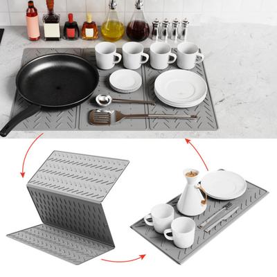 Silicone Dish Drying Mat for Kitchen Counter 3-Fold Large Drain Pad with Hanging Hole Non-Slip Countertop Drying Rack Multifunctional Drainer Board