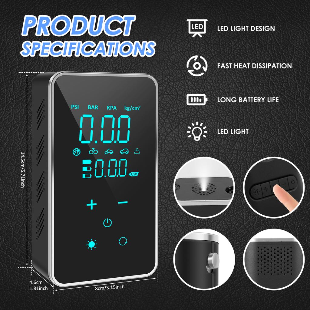 Tire Inflator 150PSI Cordless Air Compressor with Light 18000mAh Electric Bicycle Car Tire Pump with Touch Screen Pressure Gauge