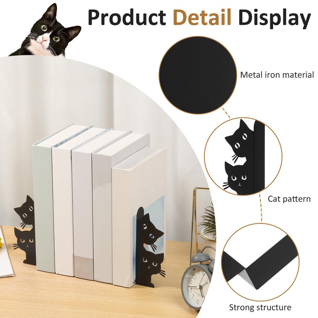 2 Pairs Desktop Peeping Cat Metal Bookends Set Cute Black Cat Book Holder Decorative Black Cat Book Ends for Bookshelf Office